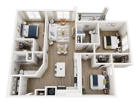 Floor plan for 3 beds, 2 baths, 1436 sqft