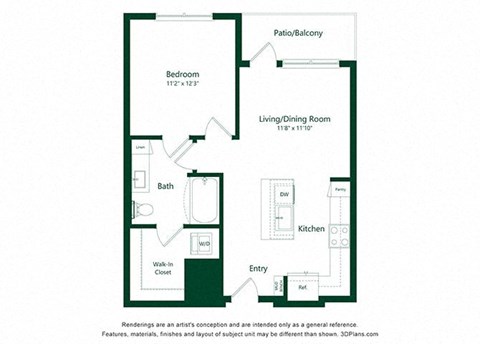 Floor plan for 1 bed, 1 bath, 674 sqft