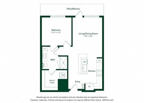 Floor plan for 1 bed, 1 bath, 738 sqft