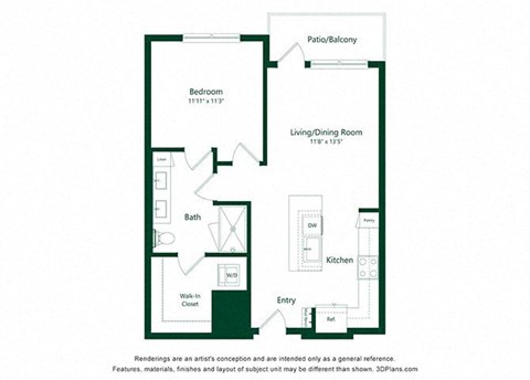 Floor plan for 1 bed, 1 bath, 747 sqft