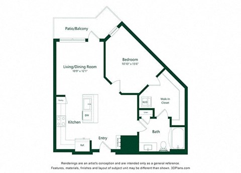 Floor plan for 1 bed, 1 bath, 727 sqft