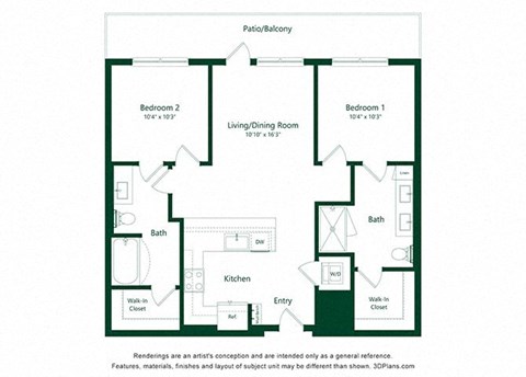 Floor plan for 2 beds, 2 baths, 961 sqft