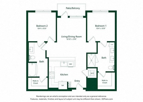 Floor plan for 2 beds, 2 baths, 956 sqft