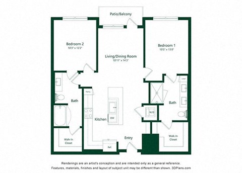 Floor plan for 2 beds, 2 baths, 1055 sqft
