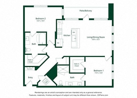 Floor plan for 2 beds, 2 baths, 1189 sqft