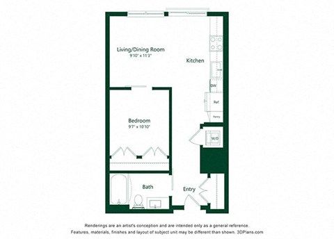 Floor plan for 1 bed, 1 bath, 601 sqft
