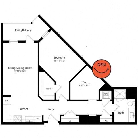 Floor plan for 1 bed, 1 bath, 899 sqft