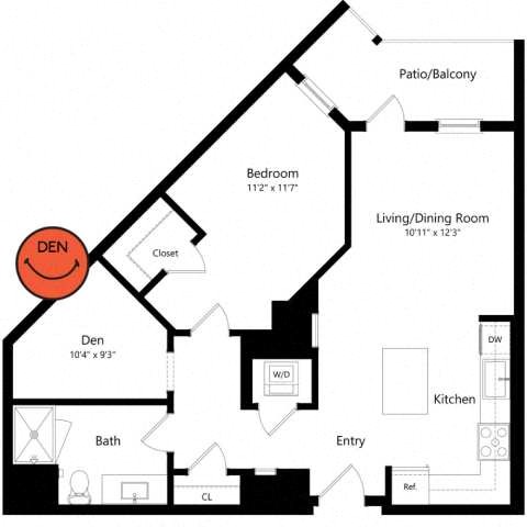 Floor plan for 1 bed, 1 bath, 803 sqft