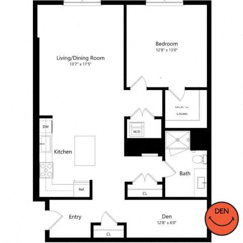 Floor plan for 1 bed, 1 bath, 1035 sqft