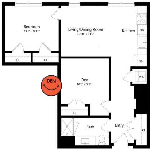 Floor plan for 1 bed, 1 bath, 776 sqft