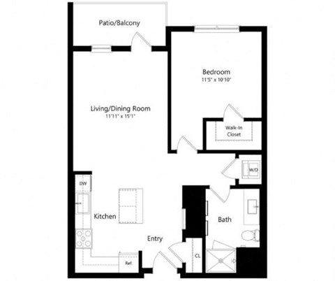 Floor plan for 1 bed, 1 bath, 745 sqft