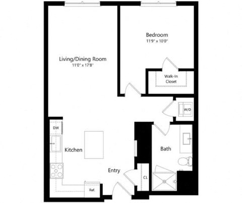 Floor plan for 1 bed, 1 bath, 755 sqft