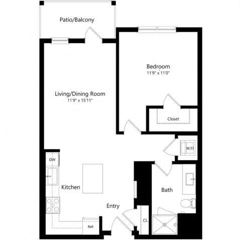 Floor plan for 1 bed, 1 bath, 738 sqft