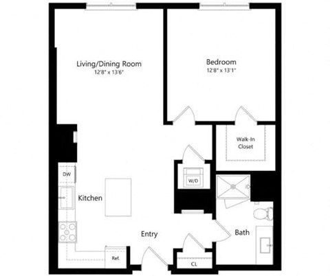 Floor plan for 1 bed, 1 bath, 830 sqft