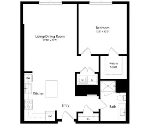 Floor plan for 1 bed, 1 bath, 865 sqft