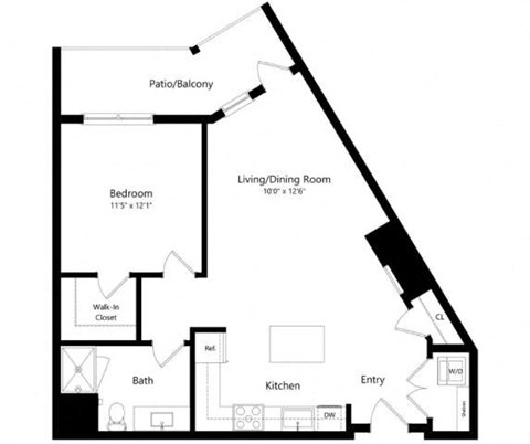 Floor plan for 1 bed, 1 bath, 802 sqft