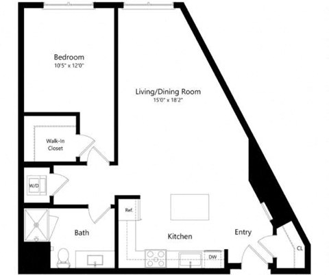 Floor plan for 1 bed, 1 bath, 847 sqft