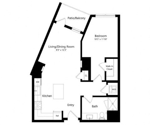Floor plan for 1 bed, 1 bath, 708 sqft