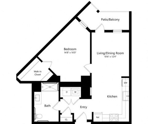 Floor plan for 1 bed, 1 bath, 736 sqft