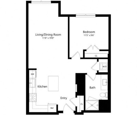 Floor plan for 1 bed, 1 bath, 739 sqft