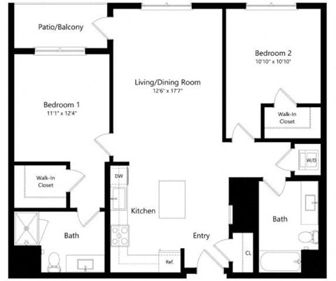 Floor plan for 2 beds, 2 baths, 1075 sqft