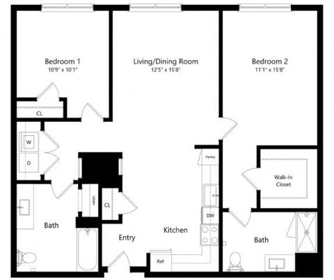 Floor plan for 2 beds, 2 baths, 1134 sqft