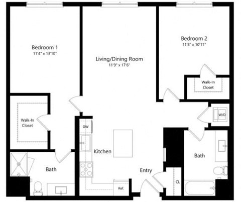 Floor plan for 2 beds, 2 baths, 1134 sqft