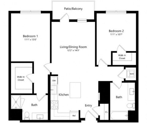 Floor plan for 2 beds, 2 baths, 1134 sqft