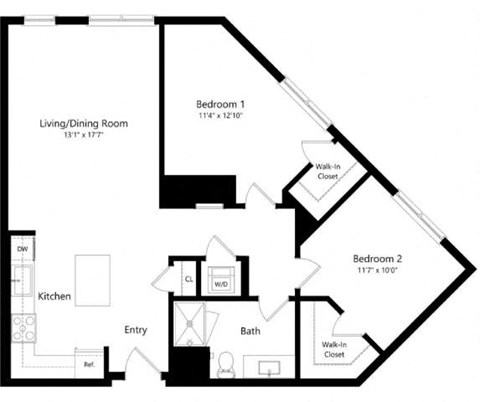 Floor plan for 2 beds, 1 bath, 994 sqft