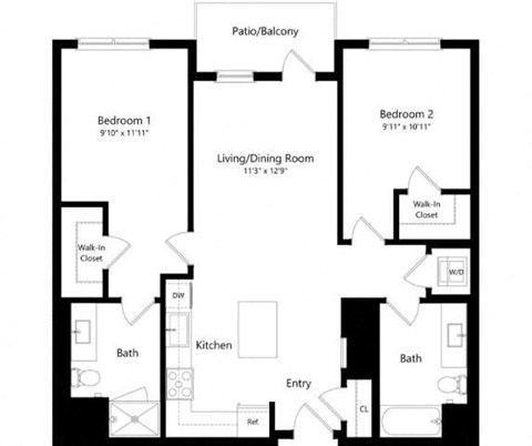 Floor plan for 2 beds, 2 baths, 1006 sqft
