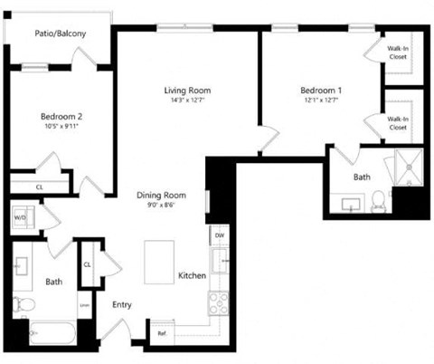Floor plan for 2 beds, 2 baths, 1049 sqft