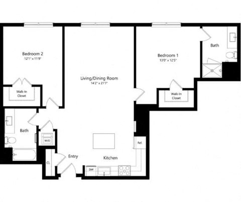 Floor plan for 2 beds, 2 baths, 1147 sqft