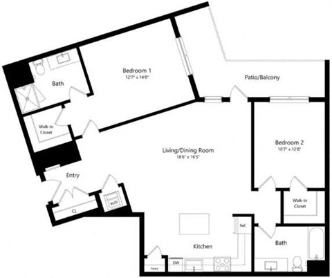 Floor plan for 2 beds, 2 baths, 1240 sqft