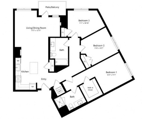 Floor plan for 3 beds, 2 baths, 1330 sqft