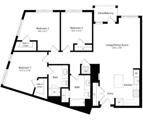 Floor plan for 3 beds, 2 baths, 1337 sqft