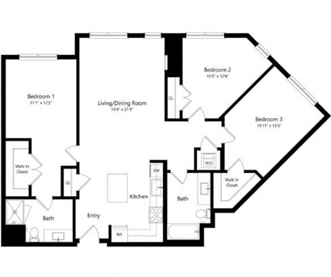 Floor plan for 3 beds, 2 baths, 1348 sqft