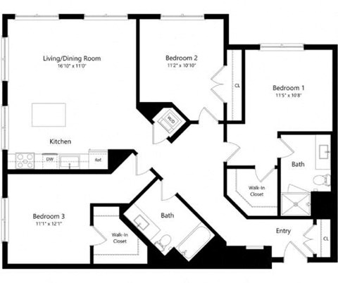 Floor plan for 3 beds, 2 baths, 1387 sqft