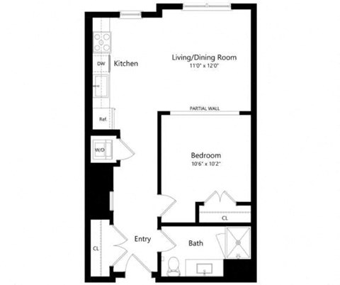 Floor plan for 1 bed, 1 bath, 624 sqft