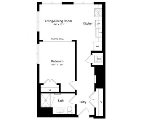 Floor plan for 1 bed, 1 bath, 632 sqft