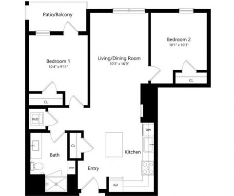 Floor plan for 2 beds, 1 bath, 863 sqft