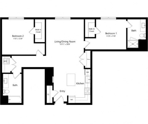 Floor plan for 2 beds, 2 baths, 1155 sqft