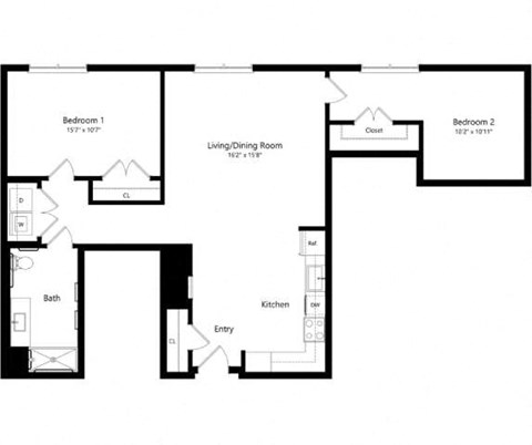 Floor plan for 2 beds, 2 baths, 1075 sqft