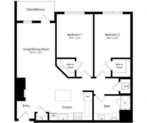 Floor plan for 2 beds, 1 bath, 1019 sqft