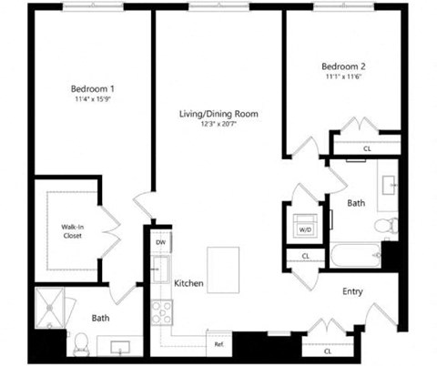 Floor plan for 2 beds, 2 baths, 1236 sqft