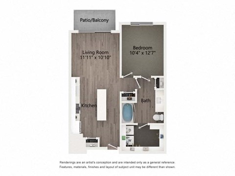 Floor plan for 1 bed, 1 bath, 722 sqft