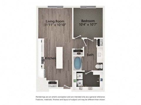 Floor plan for 1 bed, 1 bath, 699 sqft