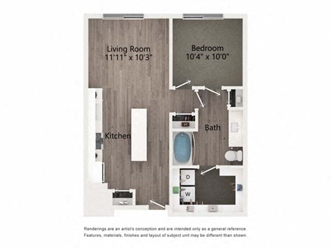 Floor plan for 1 bed, 1 bath, 691 sqft