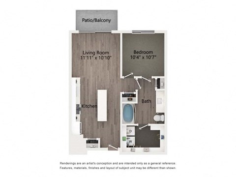 Floor plan for 1 bed, 1 bath, 699 sqft