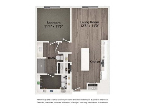 Floor plan for 1 bed, 1 bath, 743 sqft