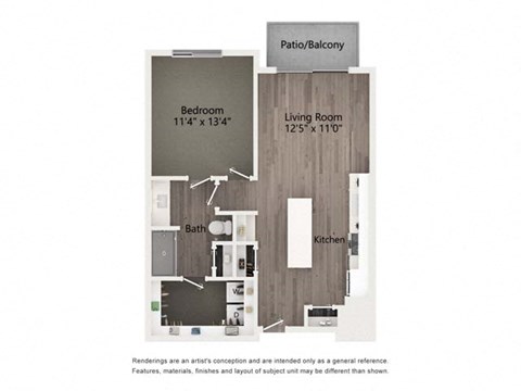 Floor plan for 1 bed, 1 bath, 769 sqft